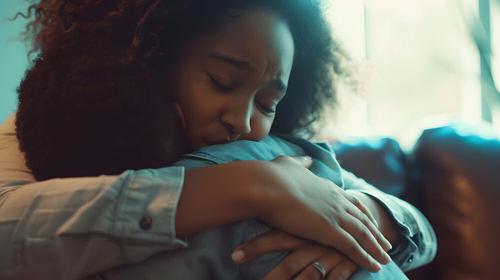 Mother embracing young child during a family therapy session