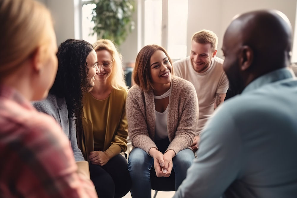 Woman in sweater smiling at other members of a therapy group for addiction