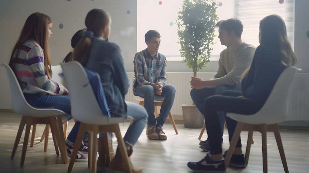 Young man in plaid shirt speaking to five other members of a group therapy session for addiction