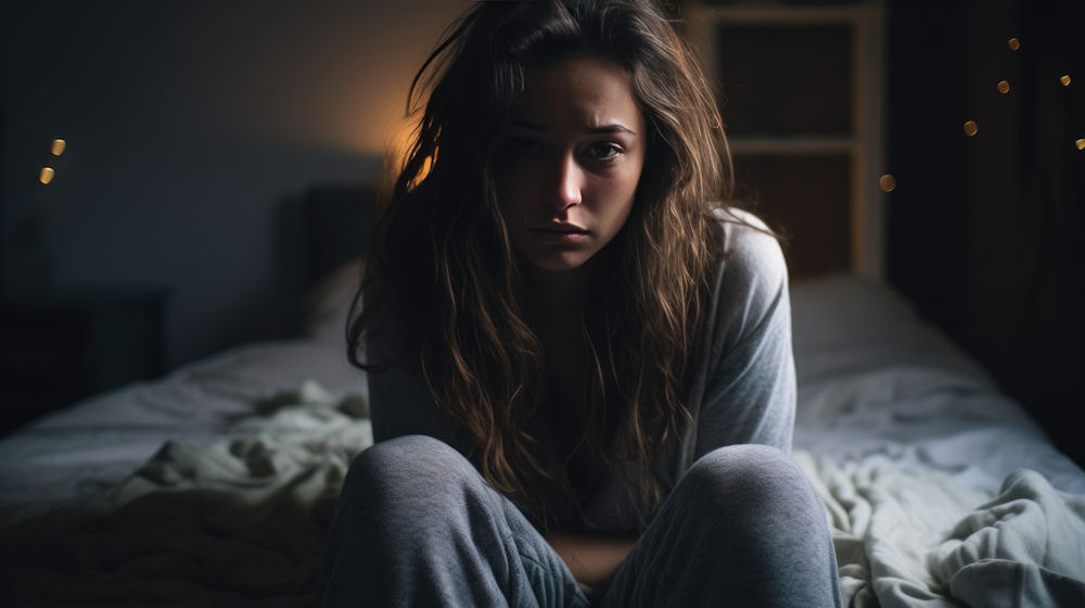 Woman wearing pajamas in dark bedroom looking up at the camera