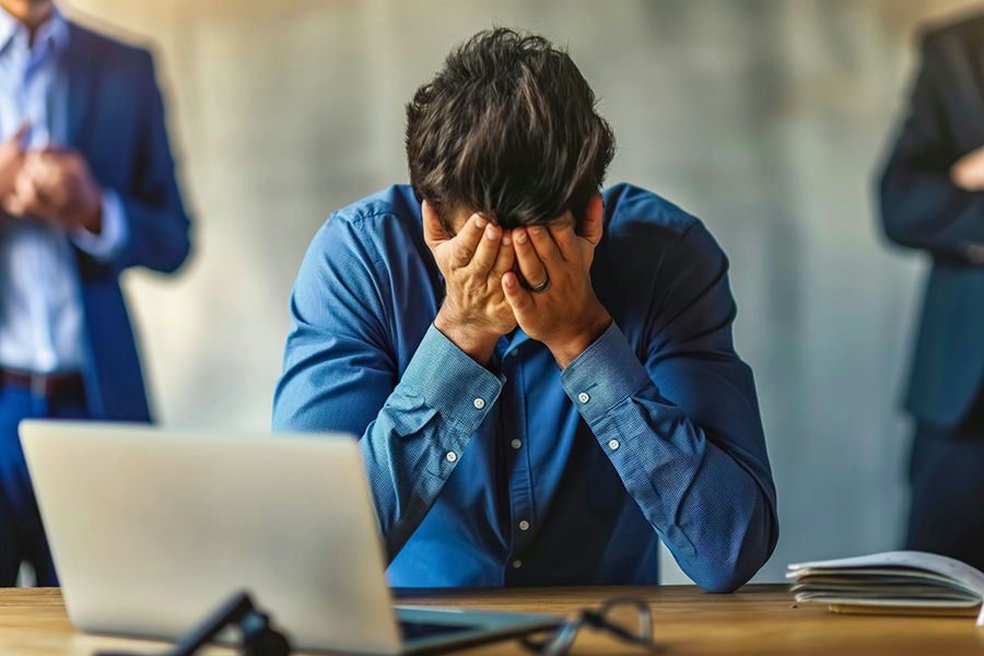 Stressed young adult showing signs of marijuana addiction, such as difficulty focusing and neglecting responsibilities.
