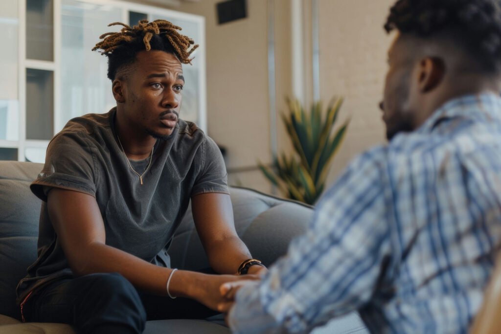 Therapist and client talking together in a calm counseling room during a Motivational Interviewing session.