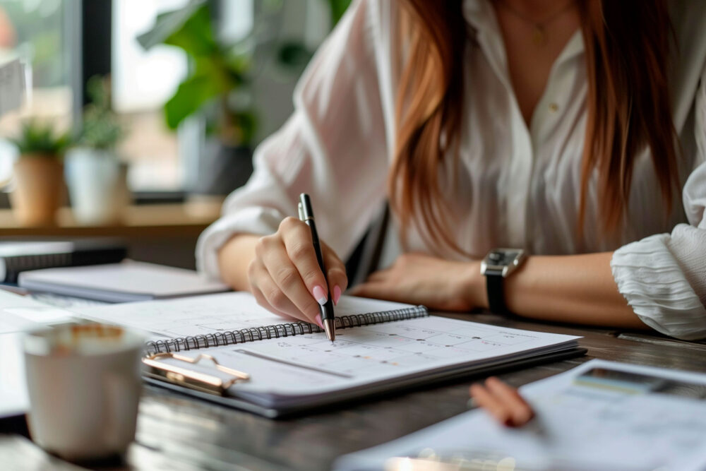 Employee planning work and rehab appointments on a weekly calendar