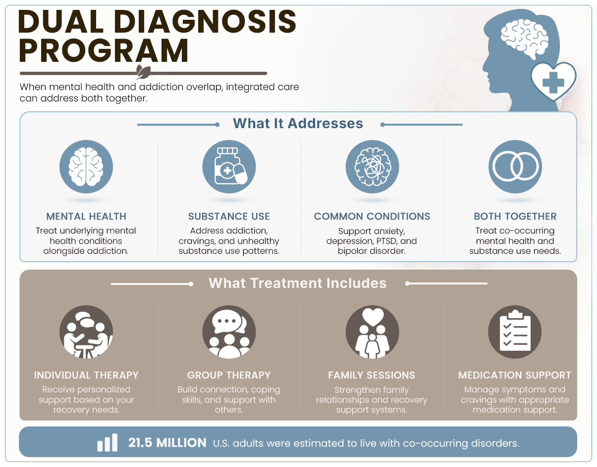 Infographic: Details about aspects of a dual diagnosis treatment program